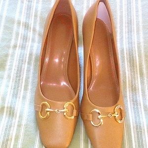 Beige gold buckle heels